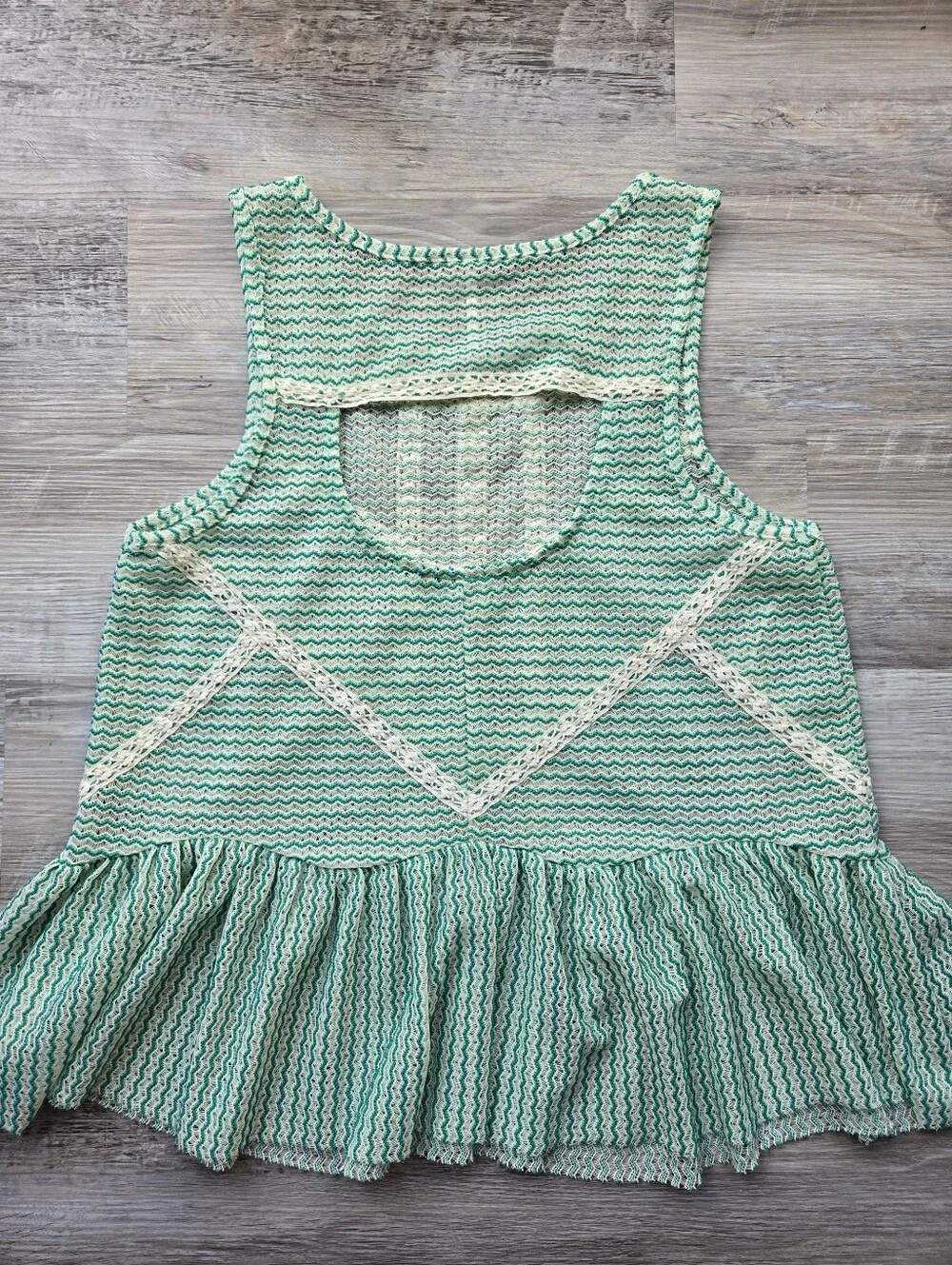 Free People Sleeveless Green & Cream Crochet Trim Peplum Top Size Small